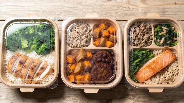 Healthy Prepared Meal Delivery Service - Three containers of healthy prepared meals sit side by side on a wooden surface.