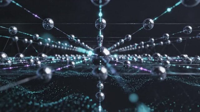 Abstract Futuristic Network of Interconnected Metallic Spheres with Glowing Connections - Digital Science & Technology Concept