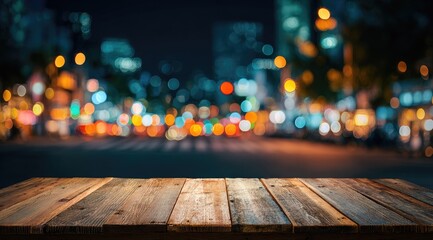 Wooden table foreground with a blurred urban nightscape backdrop of city lights