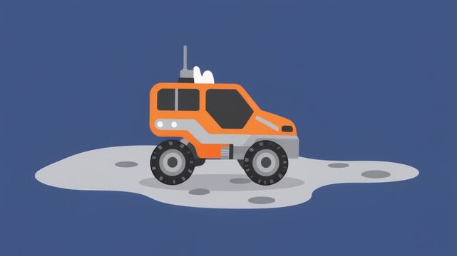 An orange and grey lunar rover vehicle exploring a cratered moon surface against a dark blue background in a flat illustration style.