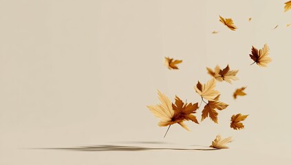 A beige backdrop with falling golden leaves and their long shadows adding depth