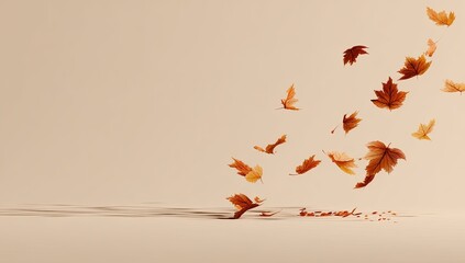Floating autumn foliage in shades of orange and brown, casting shadows, against a beige background