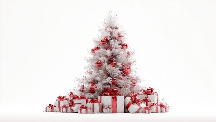 Festive, isolated white Christmas tree with red ornaments and presents on a pure white background