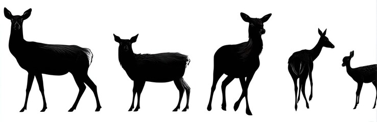 Silhouette of several deer in varying poses against a stark white background, side profiles shown