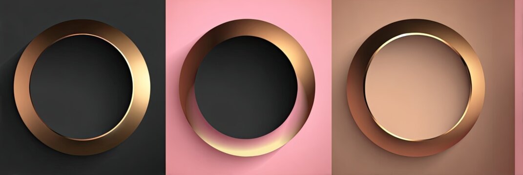 A triptych showcases three circular frames, each with a metallic ring, set against different colored backgrounds