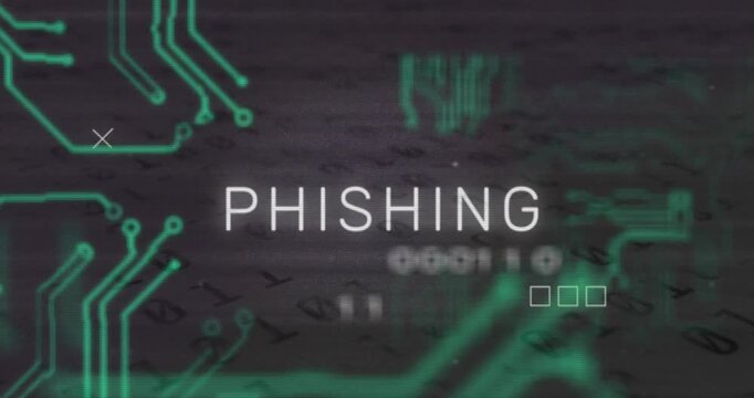 Animation of phishing text, glitch technique, x sigh, circuit board texture and binary codes