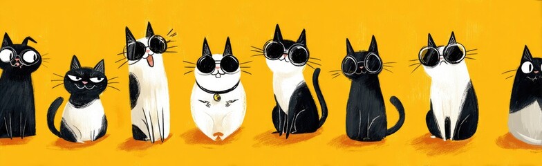 A cheerful, cartoon illustration features a row of stylized cats in black, white, on a vibrant orange backdrop