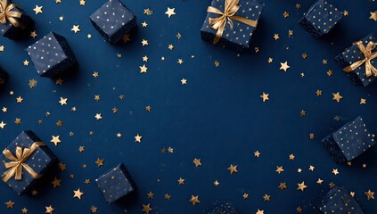 Overhead view of navy-blue gift boxes with gold bows and scattered gold star confetti