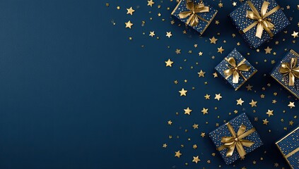Presents with gold bows and stars scattered on a rich navy blue background
