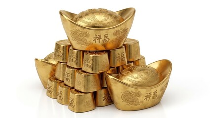 A gleaming stack of traditional Chinese gold ingots and modern gold bars, symbolizing immense wealth, prosperity, and financial abundance on a pristine white background