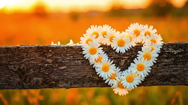 Beautiful heart shape arrangement crafted from fresh white daisy blossoms resting gently upon a rustic wooden fence at sunset