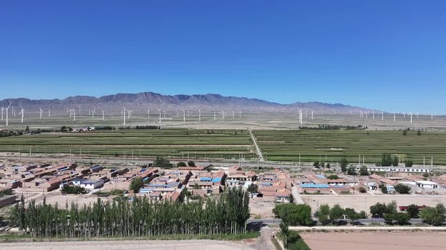 Rural Baiyin Gansu Landscape with Wind Farm and Agricultural Fields