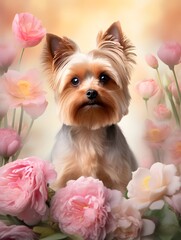 Adorable Yorkie Face in Soft Garden Sunlight | Small Dog Pet Portrait yorkshire terrier puppy on pink background