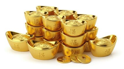 A gleaming collection of traditional golden ingots and ancient gold coins, symbolizing immense fortune, prosperity, and abundance, presented on a pristine white background