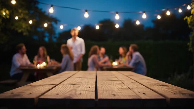 Outdoor Dinner Party at Night - An out-of-focus group of people are gathered at wooden picnic tables for an outdoor dinner party under string lights. A wooden picnic table sits in the foreground.