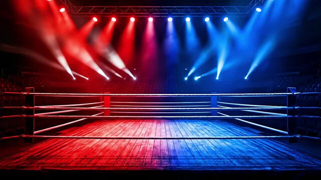 Dramatic illumination bathes an empty boxing ring with striking red and blue spotlights creating an intense atmosphere for upcoming combat sports events.