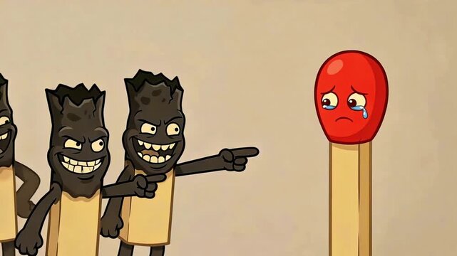 Cartoon depiction of a sad, crying red match being pointed at and mocked by several dark, burnt, grinning matchstick characters illustrating bullying or social isolation.