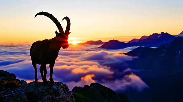 Majestic ibex stands silhouetted atop rugged mountain peak against a vibrant golden sunset sky above a vast sea of clouds
