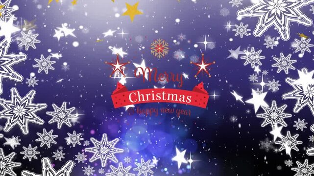 Animation of snowflakes and stars over merry christmas text banner against purple background