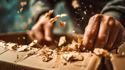 Hands tearing cardboard box with flying pieces and dust in warm dramatic atmosphere