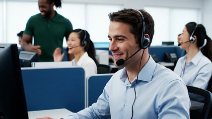 Smiling Call Center Agent Working - A smiling male call center agent wearing a headset is actively assisting customers while working at his computer. - Powered by Adobe