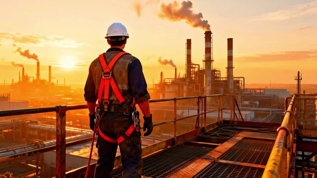 Safety professional wearing full protective harness and hard hat overlooks massive industrial refinery complex during vibrant orange sunrise or sunset illumination