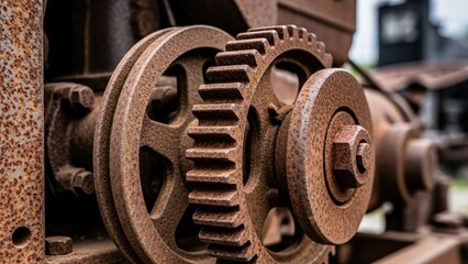 Old Tractor Engine and Gears with Heavy Rust Texture, Worn Patina, Selective Focus, Gritty Realism