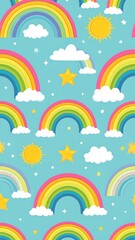 Cheerful cartoon pattern with bright rainbows, suns, clouds, and stars on a blue background creating a whimsical, vibrant scene