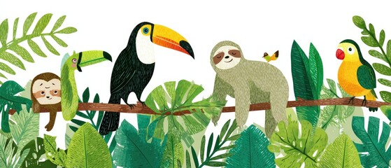 Naklejka premium A colorful illustration depicts a jungle scene with various animals on a branch amidst lush green foliage