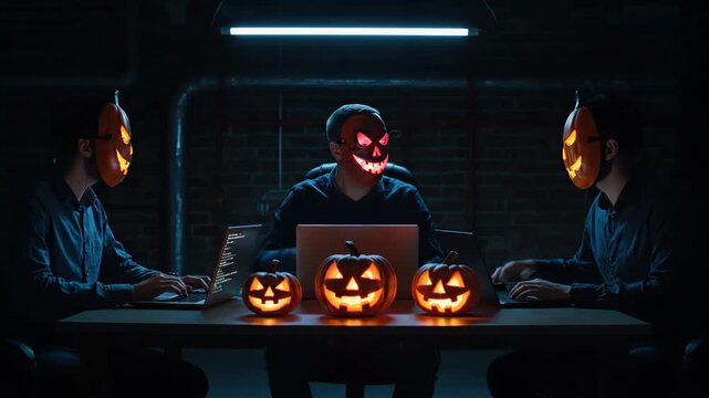 Halloween Hackers at Work - Three people wearing pumpkin masks sit at a table in a dimly lit room, working on laptops.