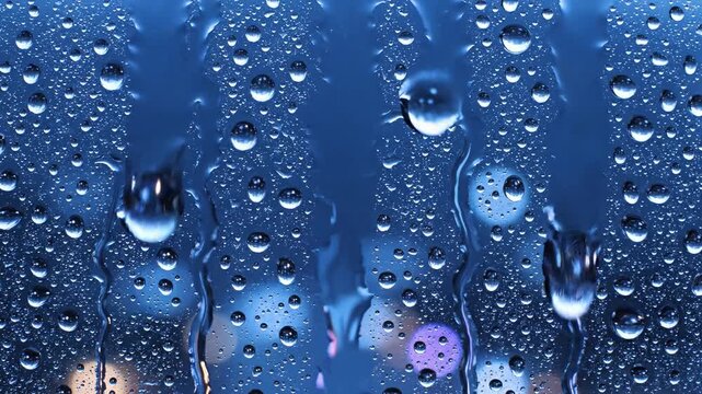 Water droplets on blue surface with dynamic light reflections