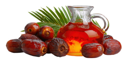Red Palm Oil and Palm Fruit with Leaves on Transparent