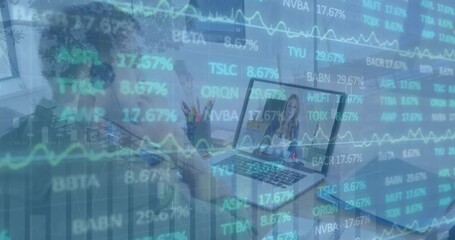 Animation of financial data processing over african american businessman using laptop - Powered by Adobe