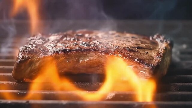 Asmr succulent beef steak sizzling on a hot barbecue grill with vibrant flames and smoke rising, showcasing delicious outdoor cooking b roll for advertising and news