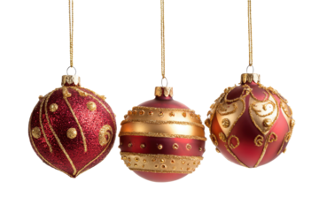 Ornamental Holiday Baubles with Gold and Red Patterns on Transparent Backdrop