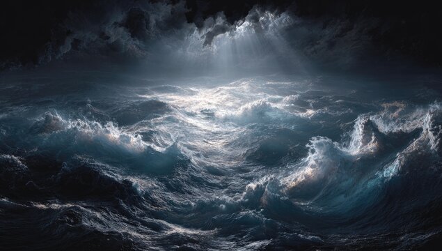 Turbulent ocean, light breaks through stormy skies above