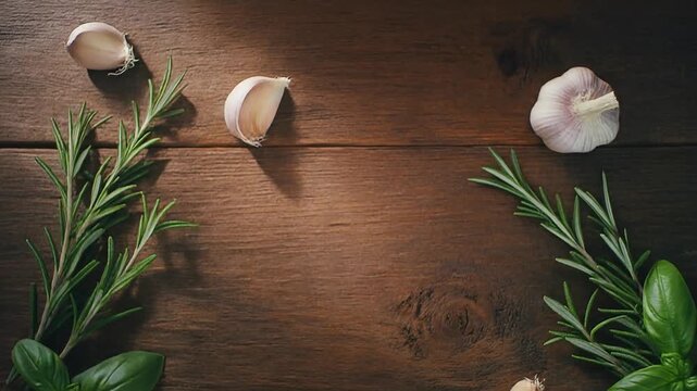 Overhead View of Fresh Rosemary, Basil, and Garlic Cloves Artfully Arranged on a Rustic Wooden Background b roll for advertising and news
