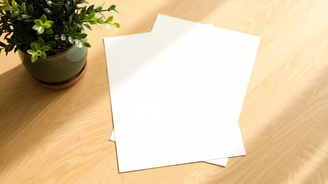 Mockup of Two Blank Sheets of Paper on Desk - An eye-level shot features two stacked blank sheets of bright white paper sitting on a wooden desk next to a small potted plant.