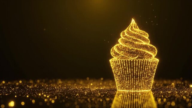 Luminous Golden Cupcake Forming from Particles on a Reflective Dark Surface with Ambient Light, Celebrating Sweet Moments