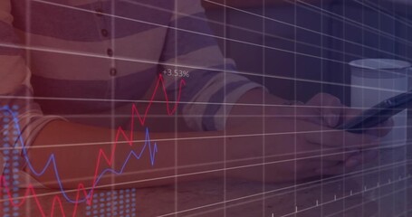 Animation of financial data processing over caucasian woman using smartphone - Powered by Adobe