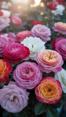 Vibrant Rose Garden Blooming with Pink, Purple, and Orange Hues in Soft Sunlight, Botanical Illustration...