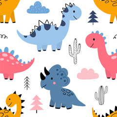 Hand-drawn dinosaur seamless pattern featuring various species like Diplodocus, Triceratops, and Stegosaurus in pastel colors. Fun woodland prehistoric background for wrapping paper and kids' apparel. © jintana