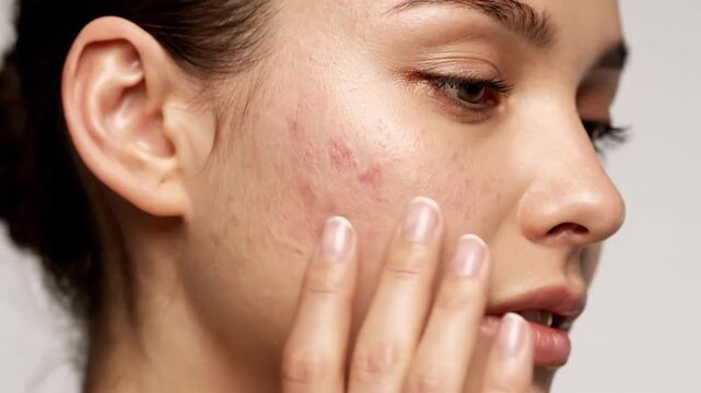 Close-up of a young woman's face with acne and visible pores, touching cheek