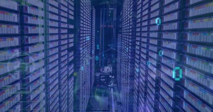 Animation of binary codes coming out of tunnel, connected icons against server room and equipment