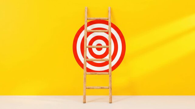Ladder to Success Concept - A wooden ladder leans against a bright yellow wall with a red and white target painted on it. The scene is brightly lit, suggesting a positive and achievable goal.