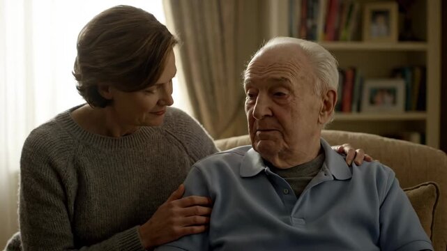 Comforting Elderly Man - A woman is comforting an elderly man, resting her hand on his shoulder. They are sitting in an armchair in a home setting.