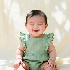 Fototapeta premium Joyful Baby Girl in Green Romper