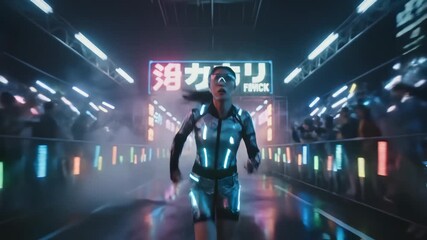 A runner dashes through a bustling city at night, illuminated by glowing signs and surrounded by a cheering crowd. The vibrant atmosphere pulses with energy and excitement.