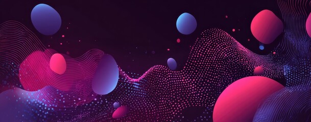 Abstract design with floating orbs, dotted wavy lines, and a dark, gradient background