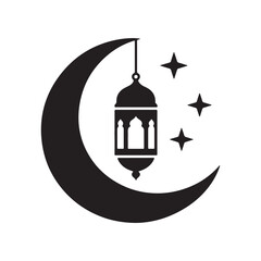 Obraz premium Black silhouette of a crescent moon with a hanging lantern and three stars on a white field